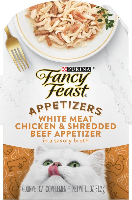 Purina  Appetizers Lickable Grain Free Cat Food Topper White Meat Chicken and Shredded Beef Appetizer - (Pack of 10) 1.1 Oz. Trays