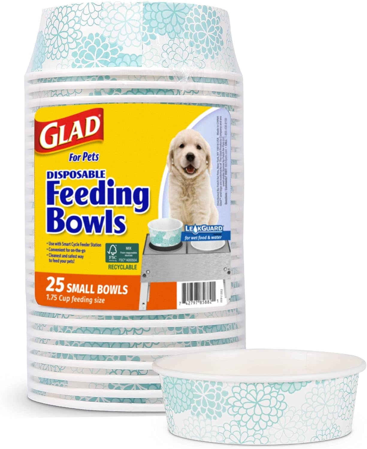 Pets Disposable Small Dog Bowls, Teal Pattern, 1.75 Cup Feeding Size, 25 Count - Leakproof and Dishwasher Safe