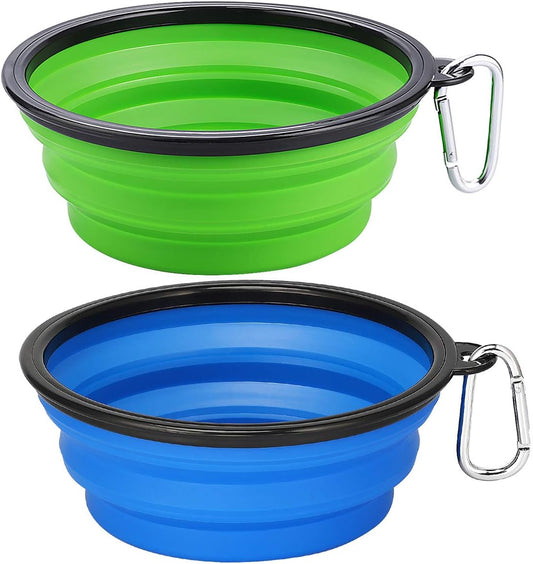 Large Collapsible Dog Bowls 2 Pack, 34Oz Foldable Dog Travel Bowl, Portable Dog Water Food Bowl with Clasp, Pet Cat Feeding Cup Dish for Traveling, Walking, Parking (Blue+Green)