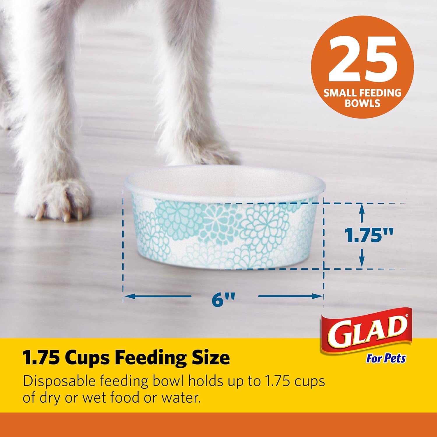 Pets Disposable Small Dog Bowls, Teal Pattern, 1.75 Cup Feeding Size, 25 Count - Leakproof and Dishwasher Safe