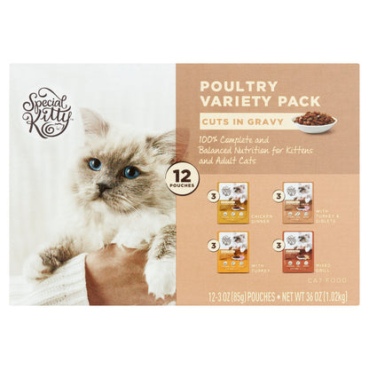 Chicken Dinner & Turkey & Giblets & Mixed Grill Cuts in Gravy Wet Cat Food Poultry Variety Pack, 3 Oz Pouches (12 Pack)