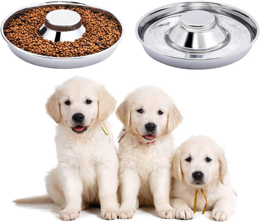 2 Pack Silver Stainless Steel Dog Bowl Puppy Slow Feeder Bowls for Food Feeding & Water Weaning Non-Skid Slow Feeder Healthy Metal Dog Bowl Dish for Small Medium Large Dog Cat Pet