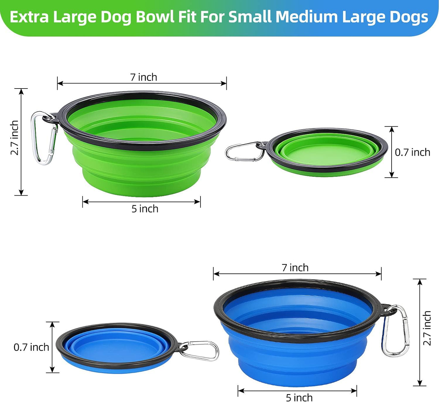 Large Collapsible Dog Bowls 2 Pack, 34Oz Foldable Dog Travel Bowl, Portable Dog Water Food Bowl with Clasp, Pet Cat Feeding Cup Dish for Traveling, Walking, Parking (Blue+Green)