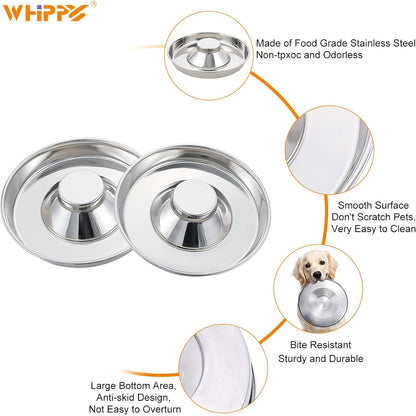 2 Pack Silver Stainless Steel Dog Bowl Puppy Slow Feeder Bowls for Food Feeding & Water Weaning Non-Skid Slow Feeder Healthy Metal Dog Bowl Dish for Small Medium Large Dog Cat Pet