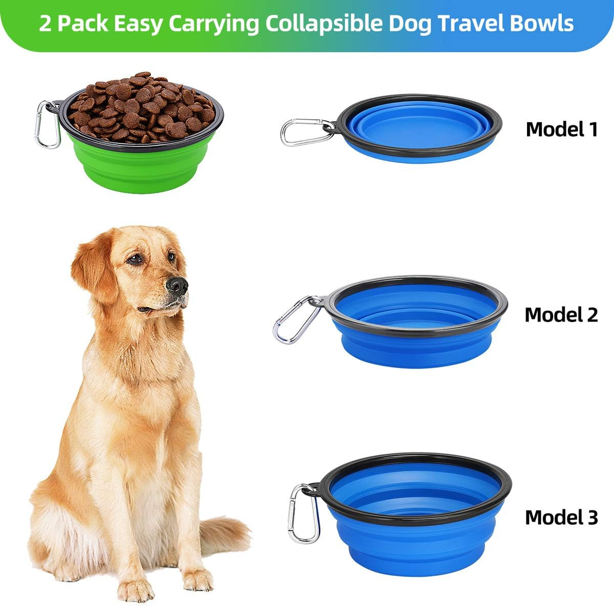 Large Collapsible Dog Bowls 2 Pack, 34Oz Foldable Dog Travel Bowl, Portable Dog Water Food Bowl with Clasp, Pet Cat Feeding Cup Dish for Traveling, Walking, Parking (Blue+Green)