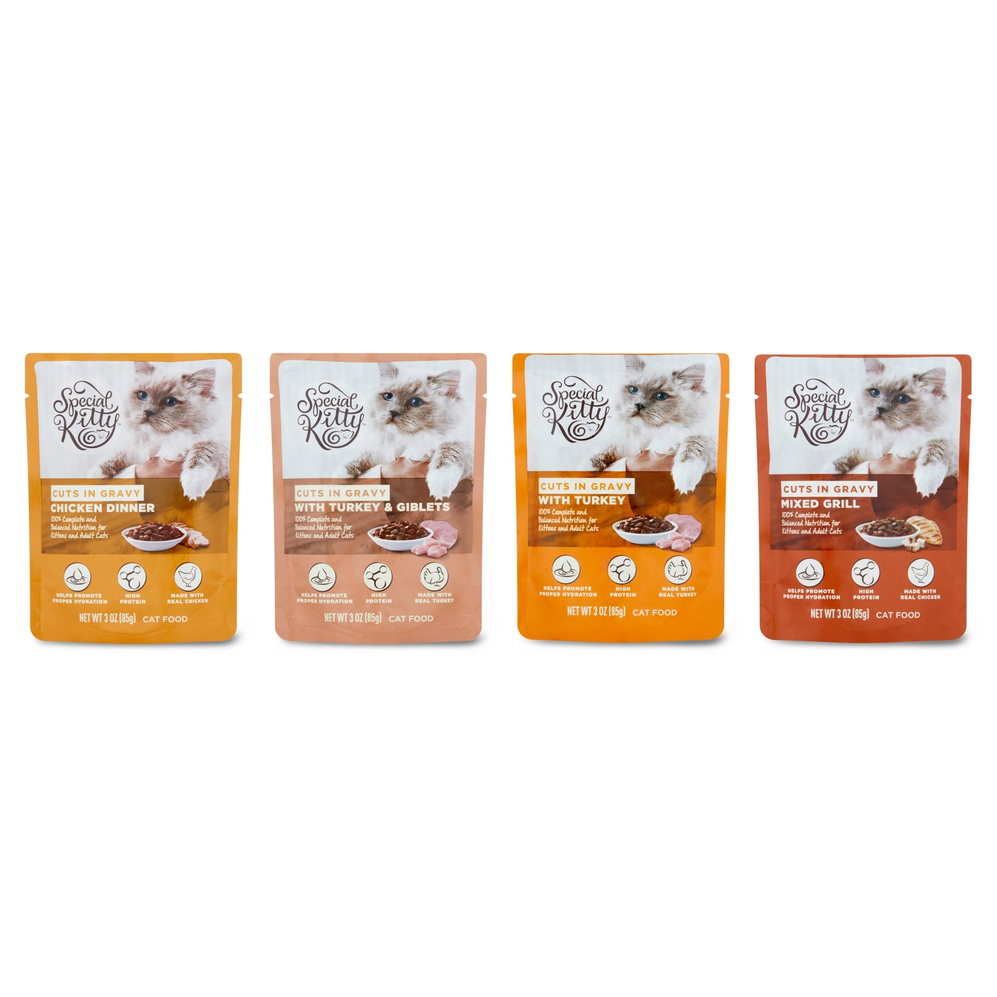 Chicken Dinner & Turkey & Giblets & Mixed Grill Cuts in Gravy Wet Cat Food Poultry Variety Pack, 3 Oz Pouches (12 Pack)