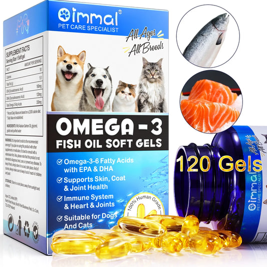 Omega 3 Salmon Oil Pills for Pets, 120 Fish Oil Softgels for Dogs & Cats, EPA + DHA Fatty Acids - Supports Joints, Immune System, Heart Health - Skin & Coat Supplement